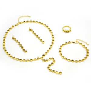 Wholesale round crystal jewelry set in rose gold plated copper featuring clear premium crystal lariat necklace, earrings, bracelet, and ring from JuneJewelry.com.