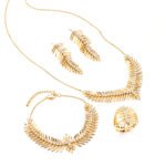 Wholesale feather jewelry set in rose gold plated zinc alloy featuring paved feather pendant necklace, earrings, bracelet, and ring from JuneJewelry.com.