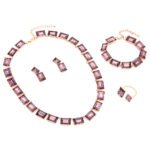 Wholesale emerald cut crystal set in rose gold plated copper featuring purple rectangular premium crystal necklace, earrings, bracelet, and ring from JuneJewelry.com.