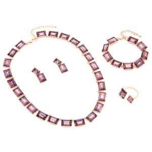 Wholesale emerald cut crystal set in rose gold plated copper featuring purple rectangular premium crystal necklace, earrings, bracelet, and ring from JuneJewelry.com.