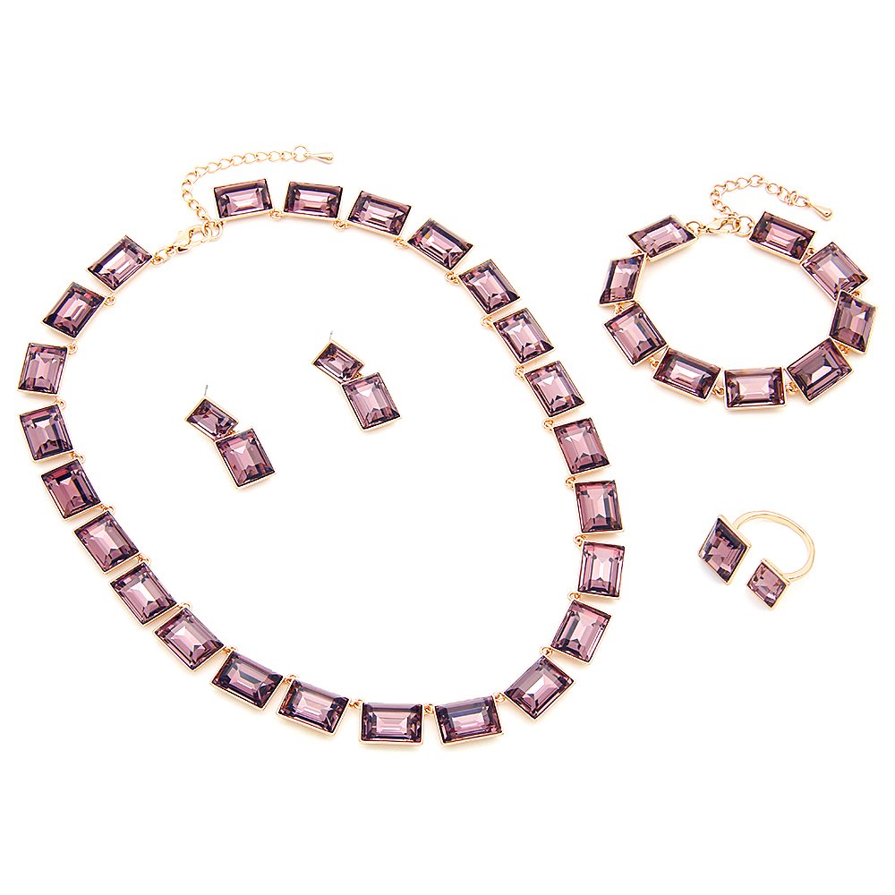 Wholesale emerald cut crystal set in rose gold plated copper featuring purple rectangular premium crystal necklace, earrings, bracelet, and ring from JuneJewelry.com.