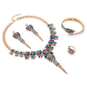 Wholesale leaf crystal jewelry set in rose gold plated copper featuring teal and purple marquise premium crystal necklace, earrings, bangle, and ring from JuneJewelry.com.