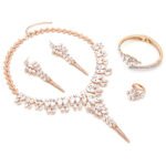 Wholesale leaf crystal jewelry set in rose gold plated copper featuring teal and purple marquise premium crystal necklace, earrings, bangle, and ring from JuneJewelry.com.