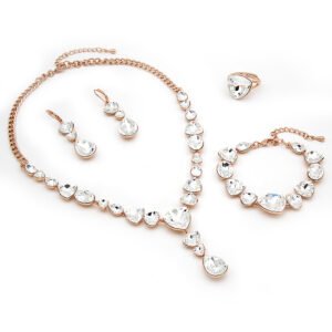 Wholesale clear crystal jewelry set in rose gold plated copper featuring faceted pear and trillion crystals, Y-drop necklace, leverback earrings, bracelet, and ring from JuneJewelry.com.
