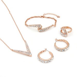 Wholesale V shape crystal jewelry set featuring pavé clear premium crystals, V-chevron pendant necklace, hoop earrings, link bracelet, and bypass ring on rose gold-plated copper from JuneJewelry.com.