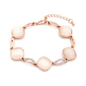 Wholesale cushion cat eye bracelet in rose gold plated zinc alloy featuring cushion-cut cat eye stones and crystal-paved links from JuneJewelry.com.