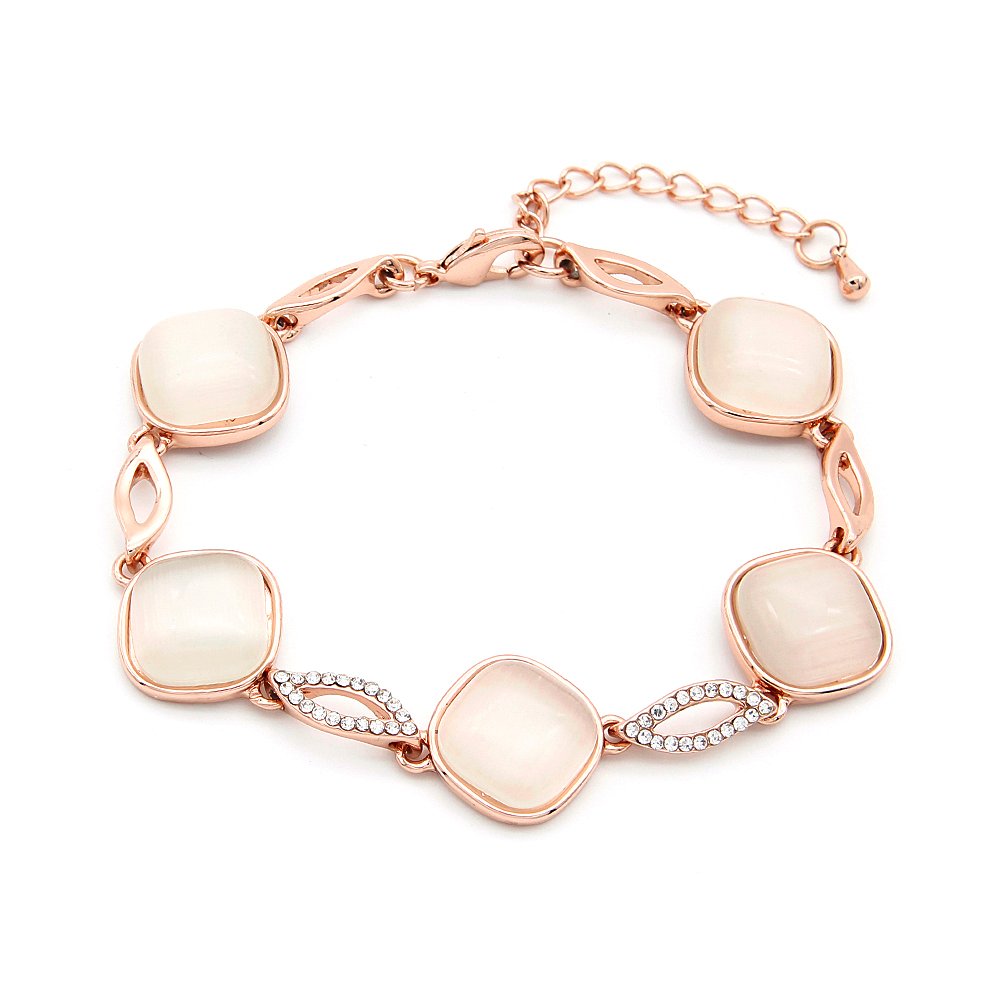 Wholesale cushion cat eye bracelet in rose gold plated zinc alloy featuring cushion-cut cat eye stones and crystal-paved links from JuneJewelry.com.