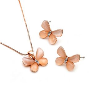 Wholesale graceful butterfly jewelry set with rose gold plated zinc alloy and four cat eye stone wings pendant necklace with stud earrings from JuneJewelry.com.