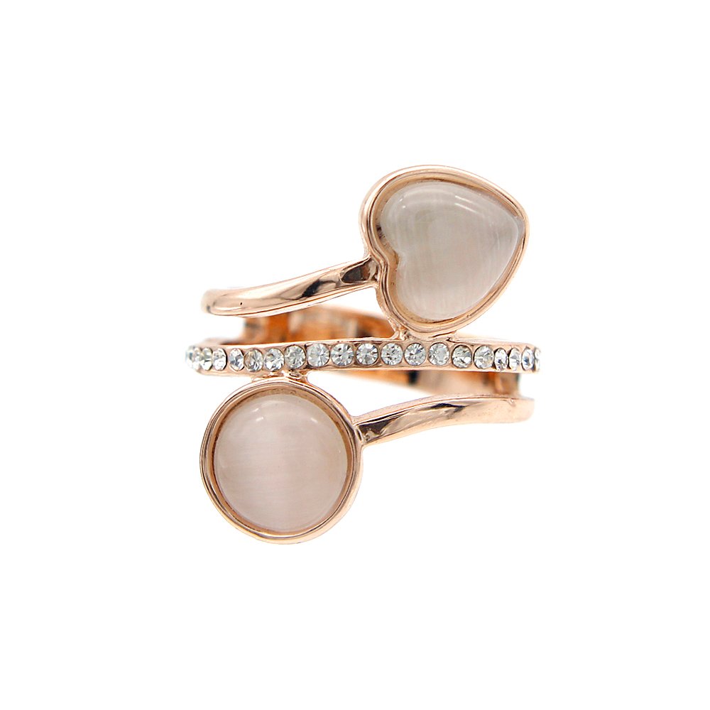 Wholesale mixed stone bypass ring in rose gold plated zinc alloy featuring heart and round cat eye stones with central pave crystal band from JuneJewelry.com.