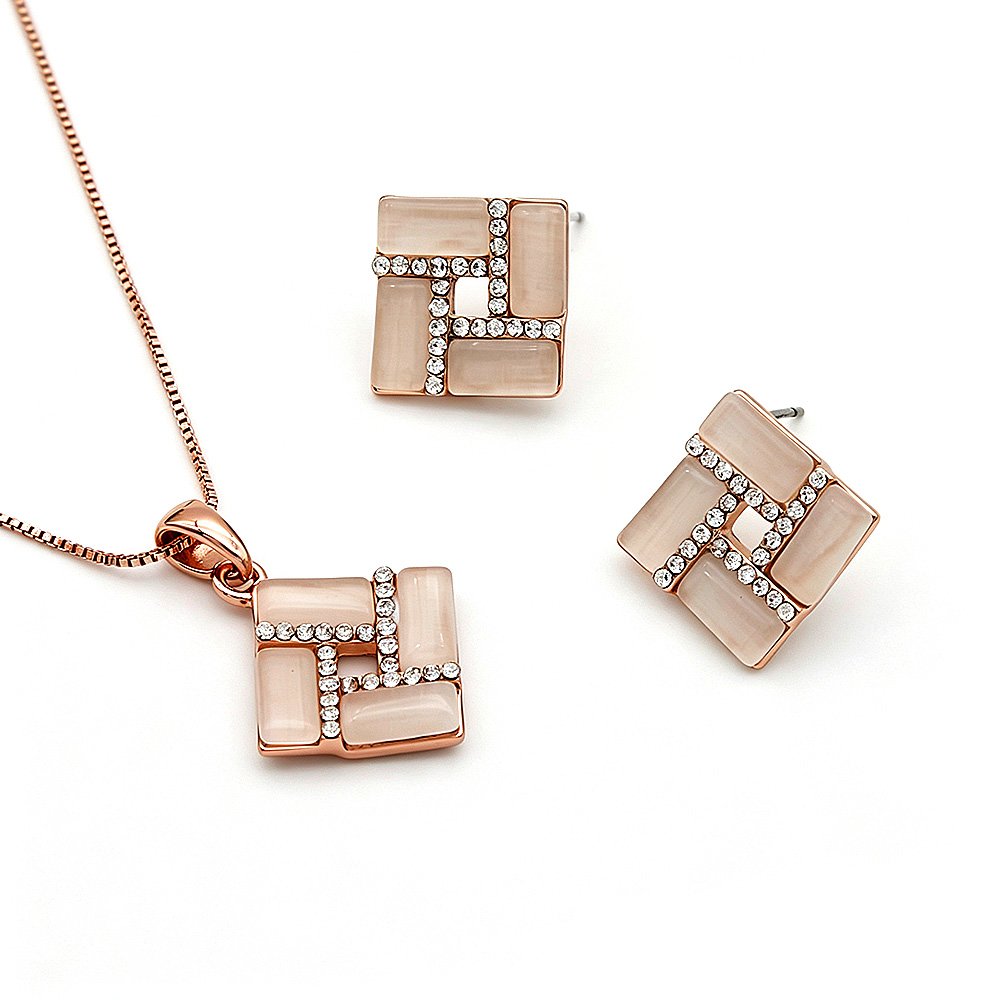 K300530A-001.88.A Wholesale square opal jewelry set with rose gold plated zinc alloy frame and rhinestone details from JuneJewelry.com for boutique orders.
