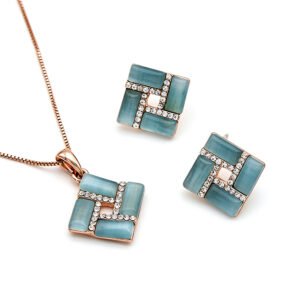 Wholesale square opal jewelry set with rose gold plated zinc alloy frame and rhinestone details from JuneJewelry.com for boutique orders.