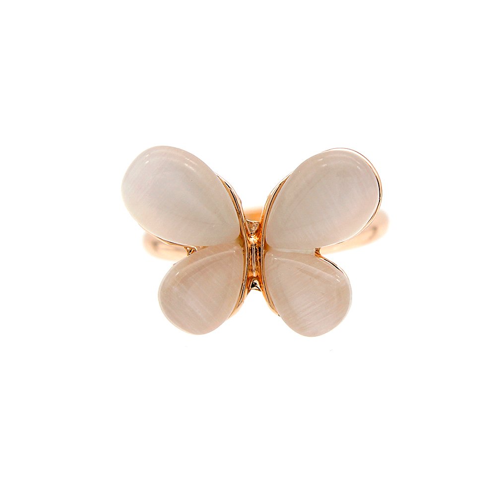Wholesale openwork butterfly ring in rose gold plated zinc alloy with four teardrop cat eye stones from JuneJewelry.com.