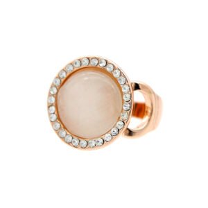 Wholesale bezel crystal ring in rose gold plated zinc alloy featuring round cabochon cat eye stone encircled by sparkling clear crystal halo from JuneJewelry.com.