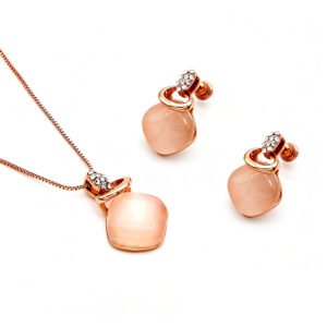 Wholesale cushion opal jewelry set featuring rose gold plated zinc alloy pendant necklace and drop earrings from JuneJewelry.com.
