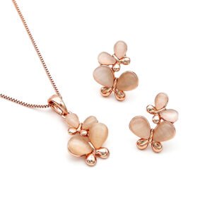 Wholesale flutter butterfly jewelry set featuring rose gold plated zinc alloy double butterfly pendant necklace and stud earrings with cat eye stones from JuneJewelry.com.