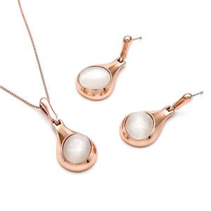 Wholesale waterdrop opal jewelry set featuring rose gold plated zinc alloy bezel frame and cat eye stone pendant necklace with drop earrings from JuneJewelry.com.