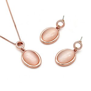 Wholesale circular opal jewelry set featuring rose gold plated zinc alloy halo bail and cat eye stone pendant with matching earrings from JuneJewelry.com.