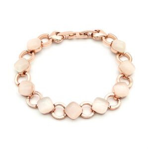 Wholesale rhombus cat eye bracelet in rose gold plated zinc alloy featuring cushion-diamond cat eye cabochons and ring links from JuneJewelry.com.