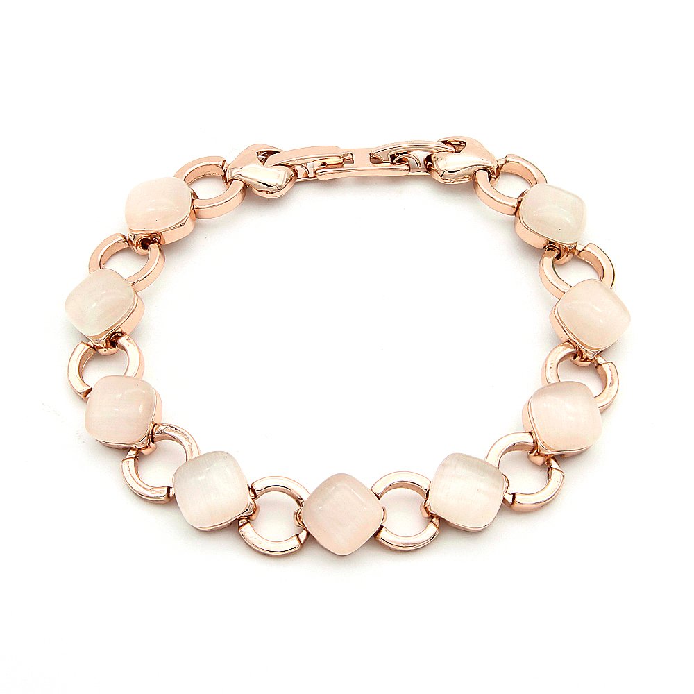 Wholesale rhombus cat eye bracelet in rose gold plated zinc alloy featuring cushion-diamond cat eye cabochons and ring links from JuneJewelry.com.