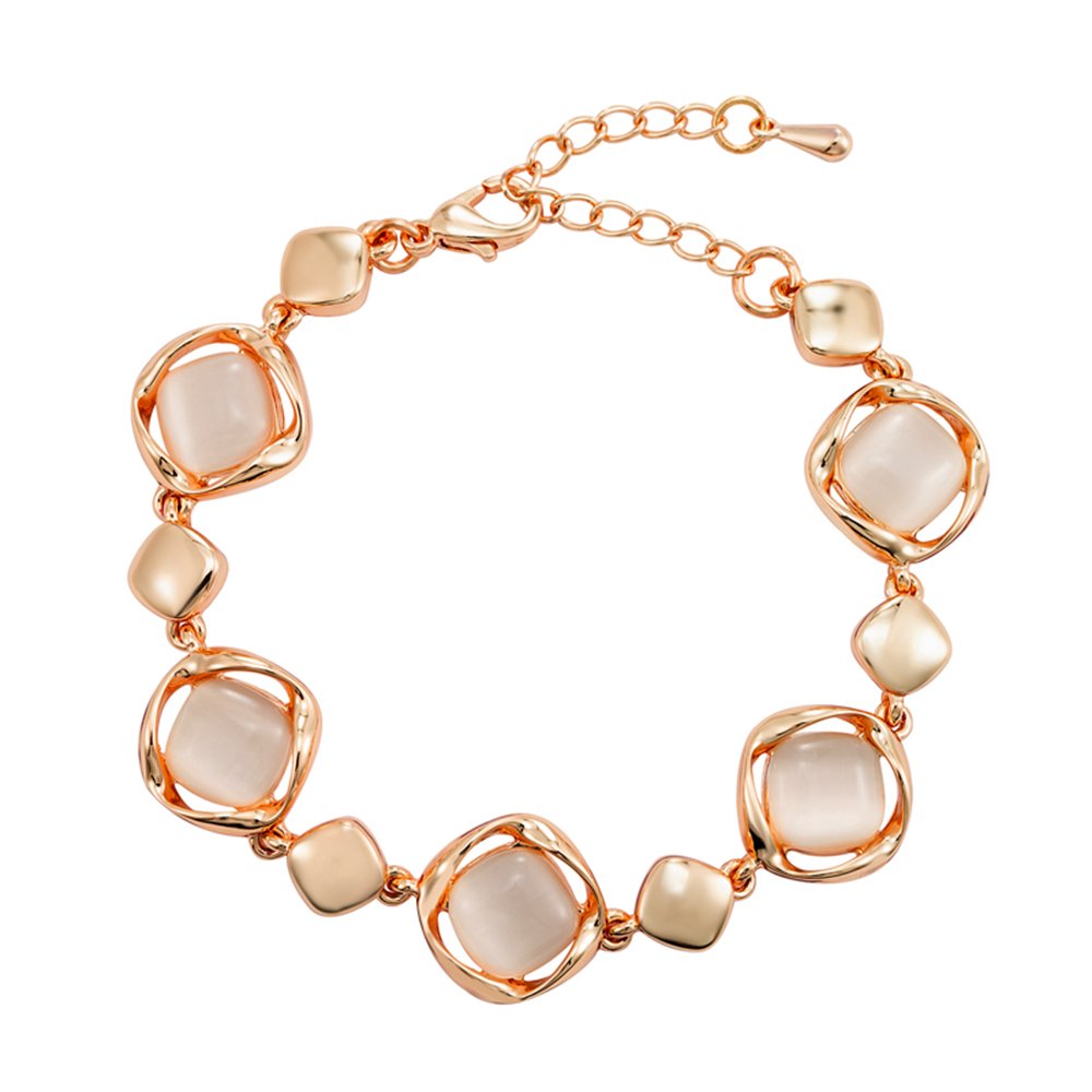 Wholesale geometric cat eye bracelet in rose gold plated zinc alloy featuring framed cushion stones and extension chain from JuneJewelry.com.