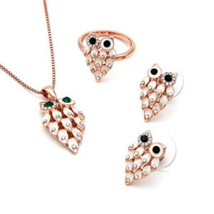 Wholesale novelty owl jewelry set in rose gold plated zinc alloy with marquise cat eye stone feathers pendant necklace, stud earrings, and ring from JuneJewelry.com.