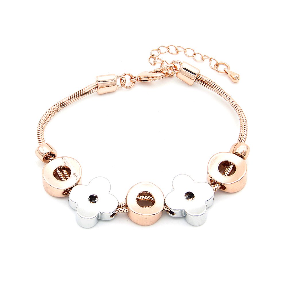 Wholesale flower charm snake bracelet in rose gold plated zinc alloy featuring two-tone sliding charms and extension chain from JuneJewelry.com.