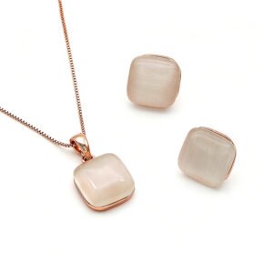 Wholesale minimalist opal jewelry set featuring rose gold plated zinc alloy and cushion cat eye stones from JuneJewelry.com.