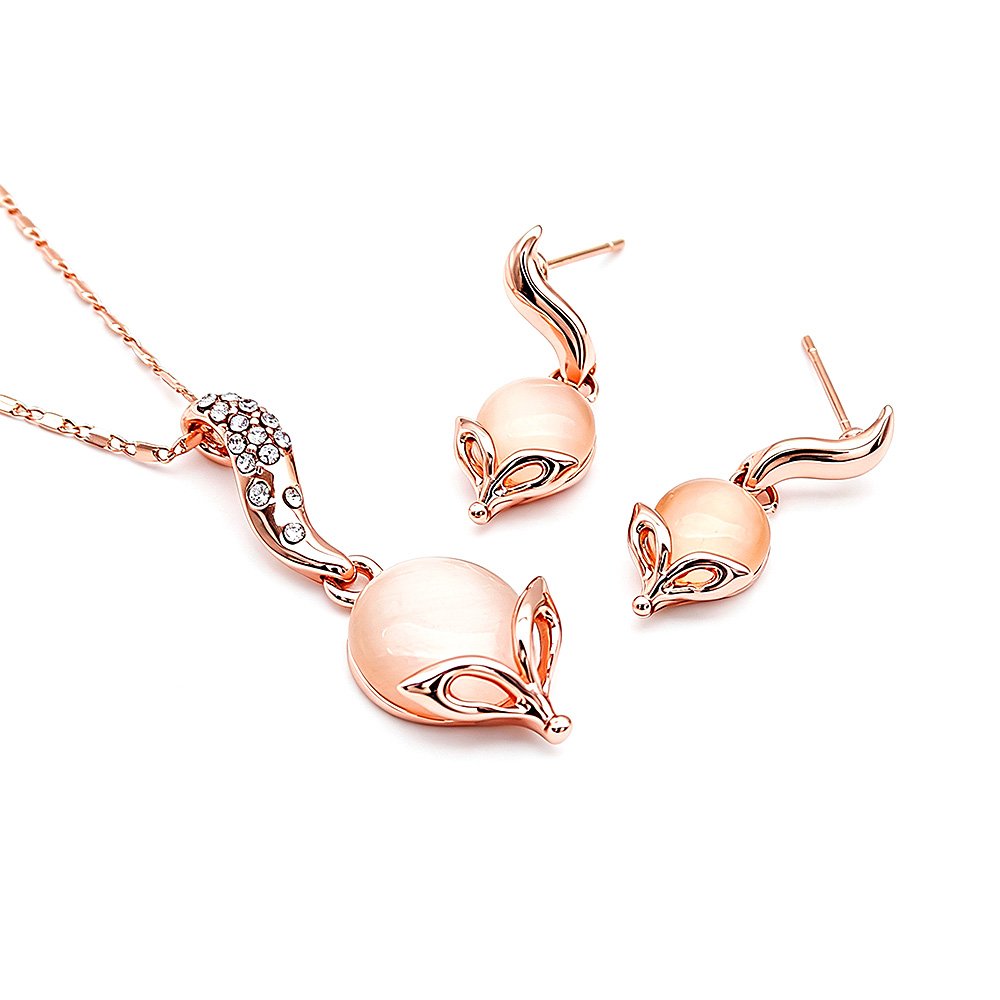 Wholesale elegant fox jewelry set featuring rose gold plated zinc alloy fox pendant necklace and drop stud earrings with cat eye stone from JuneJewelry.com.