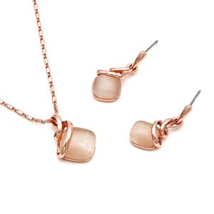 Wholesale modern opal jewelry set featuring rose gold plated zinc alloy swirl design with cat eye stone pendant and earrings from JuneJewelry.com.