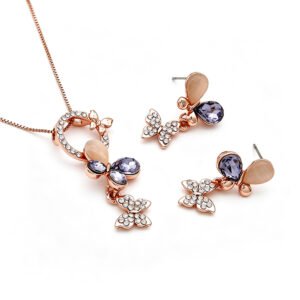 Wholesale crystal butterfly jewelry set in rose gold plated zinc alloy with purple faceted crystals and cat eye stones from JuneJewelry.com.