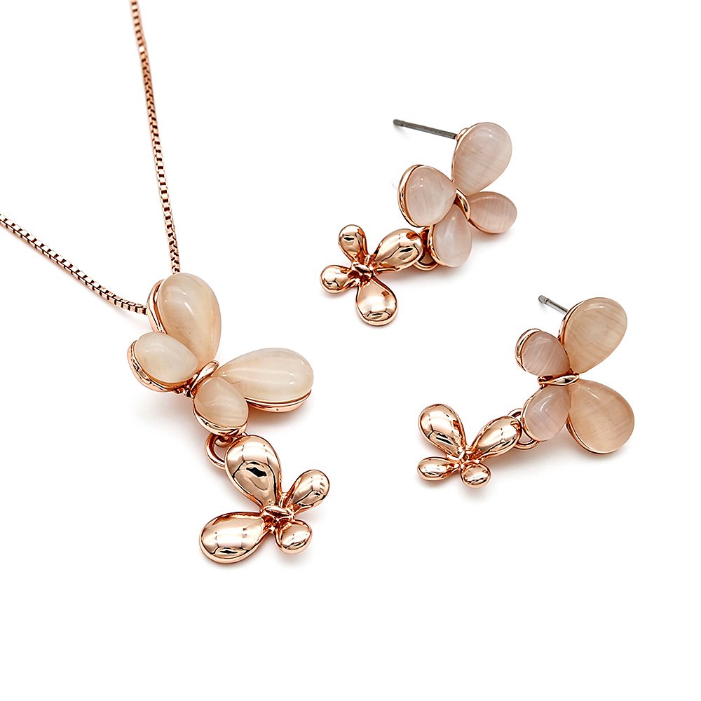 Wholesale dangle butterfly jewelry set with rose gold plated zinc alloy and cat eye stone drop pendant necklace and matching earrings from JuneJewelry.com.