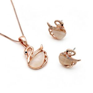 Wholesale hollow swan jewelry set featuring rose gold plated zinc alloy and cat eye stone pendant with matching stud earrings from JuneJewelry.com.