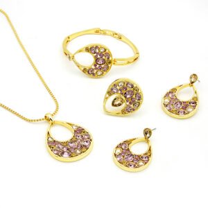 Wholesale Teardrop Crystal Jewelry Set with rose gold plating and multi-color crystals – necklace, bracelet, ring, and earrings from JuneJewelry.com factory price.