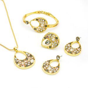 Wholesale Teardrop Crystal Jewelry Set with rose gold plating and multi-color crystals – necklace, bracelet, ring, and earrings from JuneJewelry.com factory price.