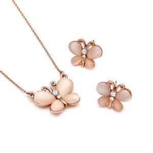 Wholesale radiant butterfly jewelry set featuring rose gold plated zinc alloy and horizontal cat eye stone pendant with stud earrings from JuneJewelry.com.