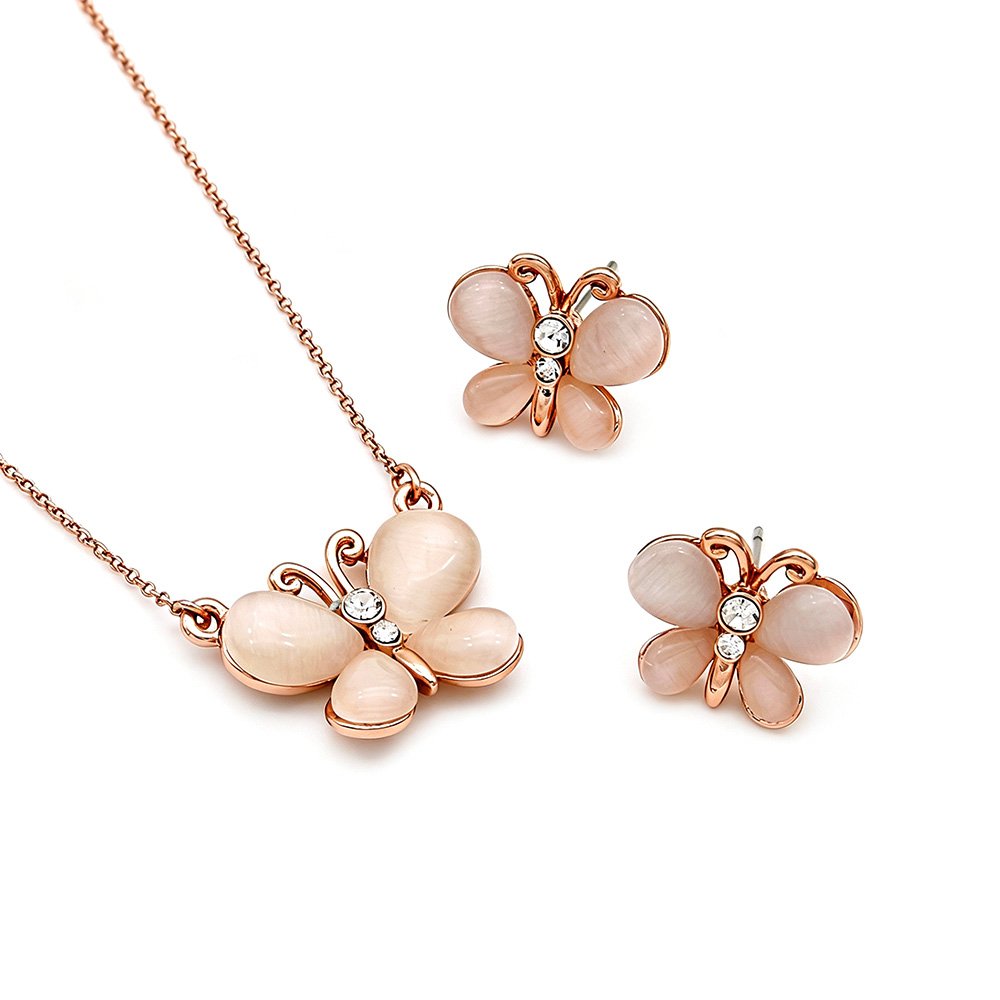 Wholesale radiant butterfly jewelry set featuring rose gold plated zinc alloy and horizontal cat eye stone pendant with stud earrings from JuneJewelry.com.