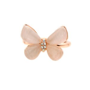 Wholesale crystal butterfly ring in rose gold plated zinc alloy featuring four teardrop cat eye stones and central pave crystal accent from JuneJewelry.com.
