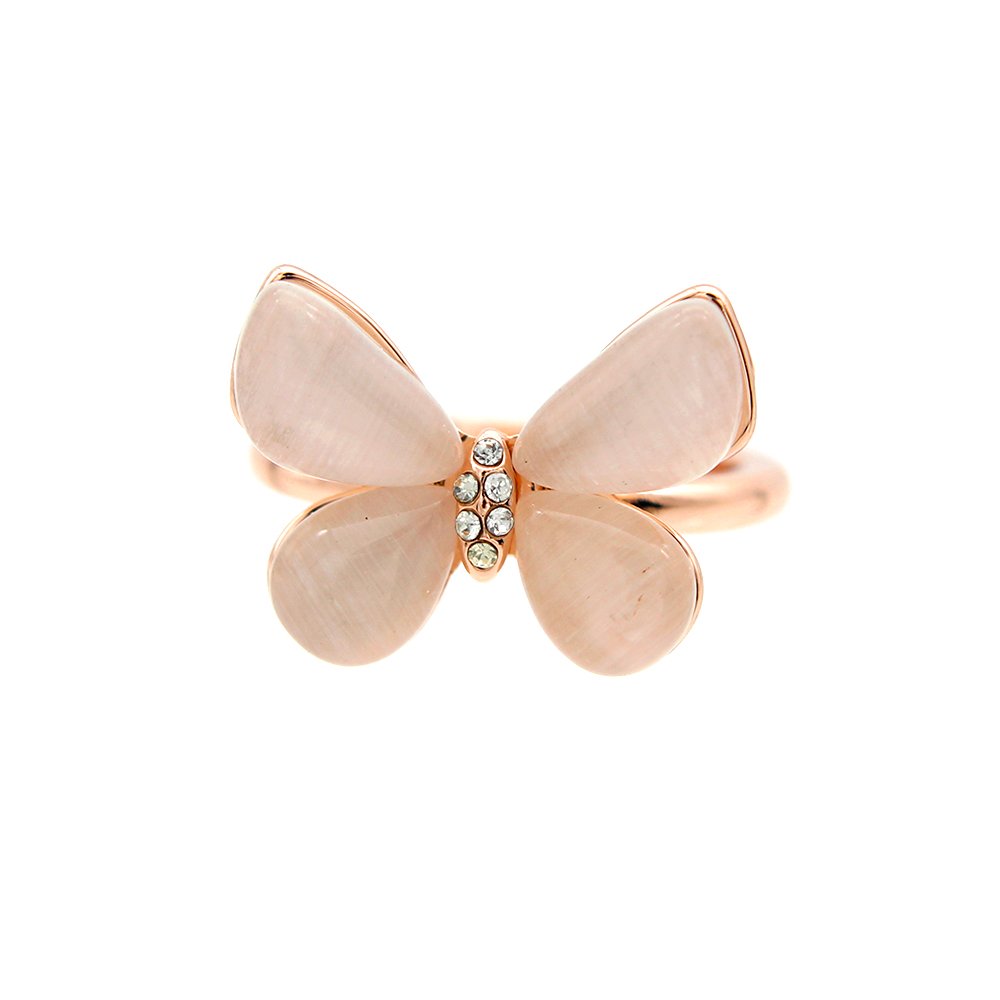 Wholesale crystal butterfly ring in rose gold plated zinc alloy featuring four teardrop cat eye stones and central pave crystal accent from JuneJewelry.com.