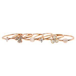 Wholesale delicate ring set in rose gold plated zinc alloy featuring six thin bands with cat eye cabochons and crystal accents from JuneJewelry.com.