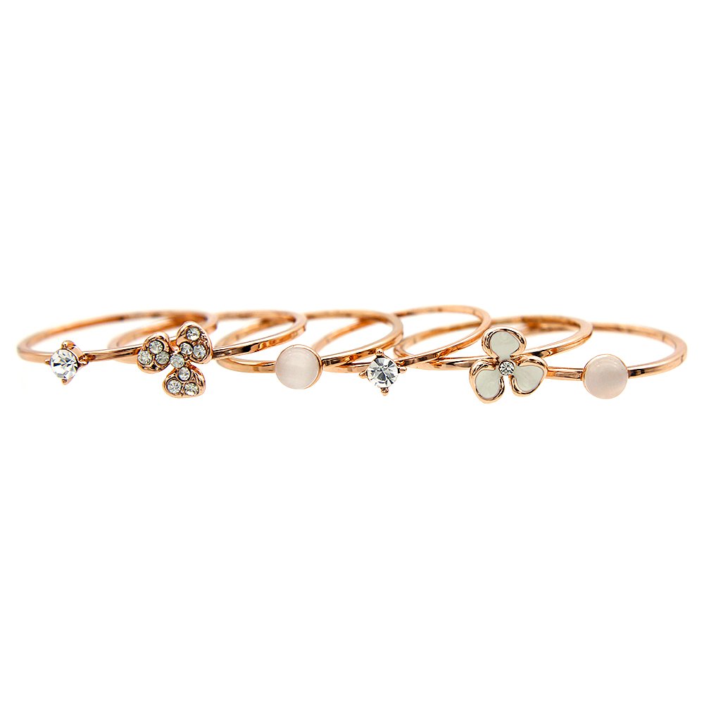 Wholesale delicate ring set in rose gold plated zinc alloy featuring six thin bands with cat eye cabochons and crystal accents from JuneJewelry.com.