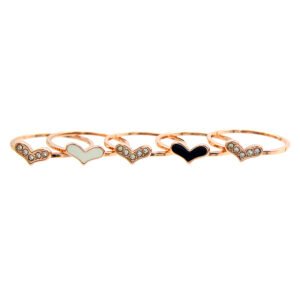 Wholesale heart charm ring set in rose gold plated zinc alloy featuring five thin bands with pave crystal hearts, a cat eye stone heart, and black enamel heart charm from JuneJewelry.com.