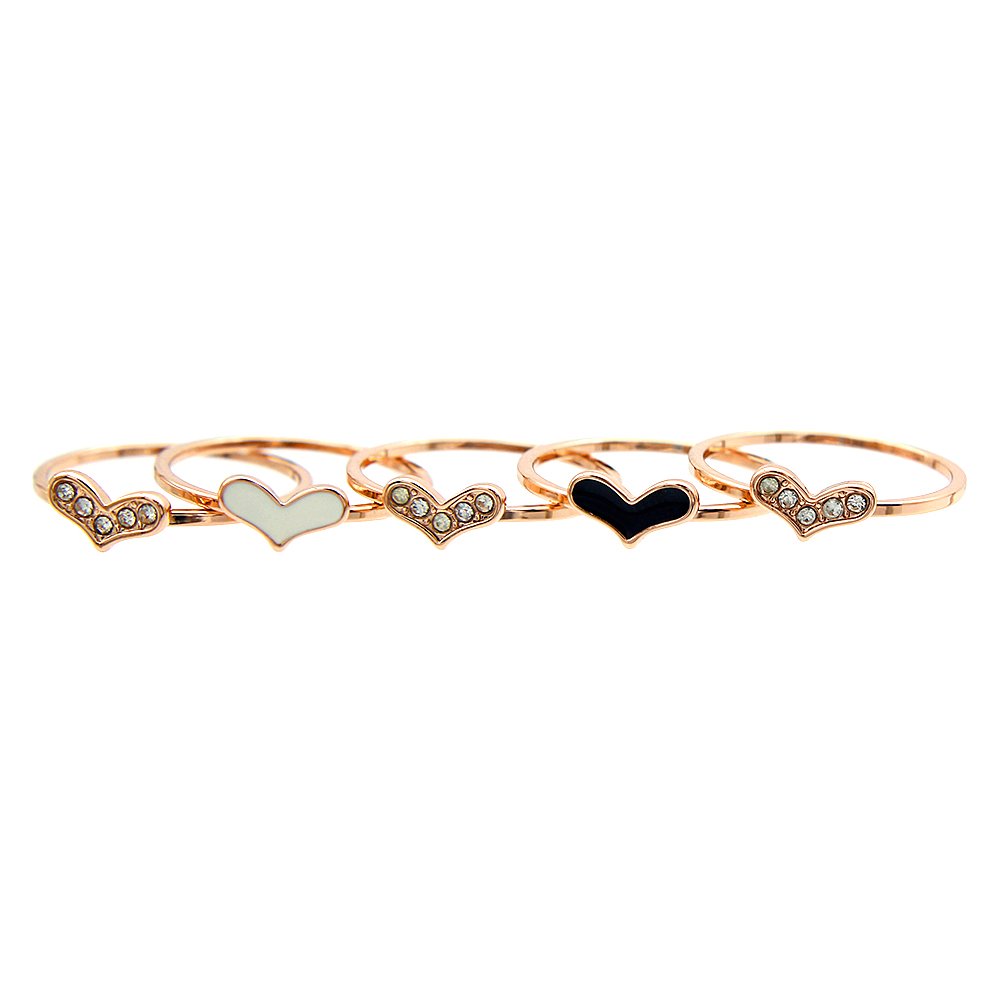 Wholesale heart charm ring set in rose gold plated zinc alloy featuring five thin bands with pave crystal hearts, a cat eye stone heart, and black enamel heart charm from JuneJewelry.com.