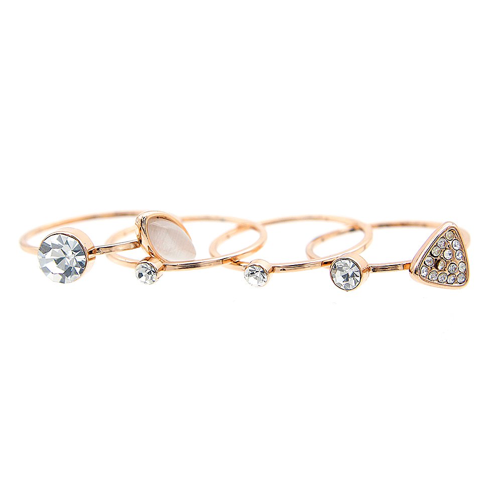 Wholesale geometric ring set in rose gold plated zinc alloy featuring five thin bands with an oval cat eye stone and pave triangle charm from JuneJewelry.com.