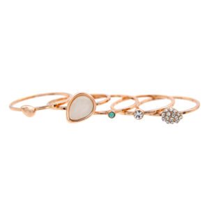 Wholesale boho band ring set in rose gold plated zinc alloy featuring six thin bands with teardrop cat eye stone and crystal studs from JuneJewelry.com.