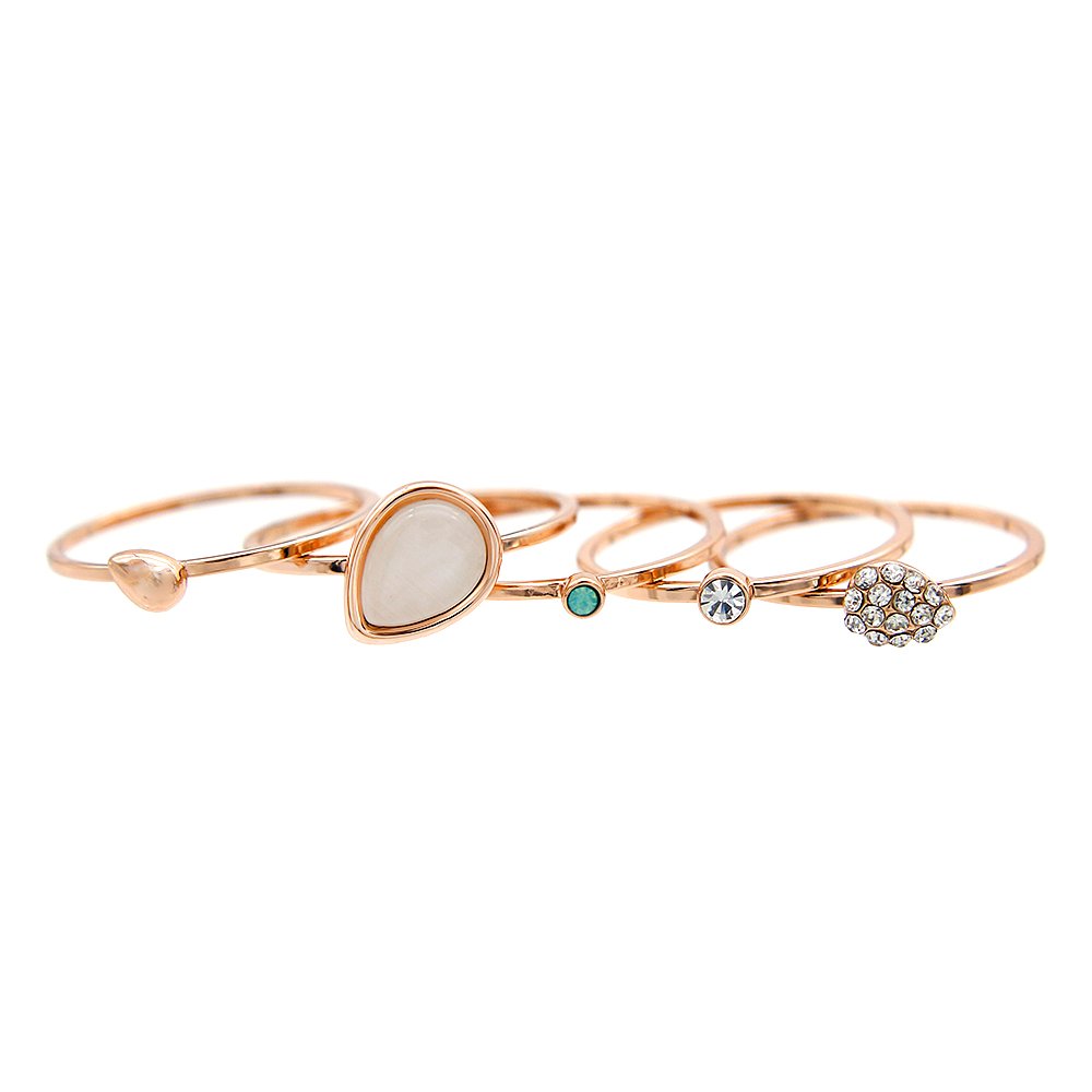 Wholesale boho band ring set in rose gold plated zinc alloy featuring six thin bands with teardrop cat eye stone and crystal studs from JuneJewelry.com.