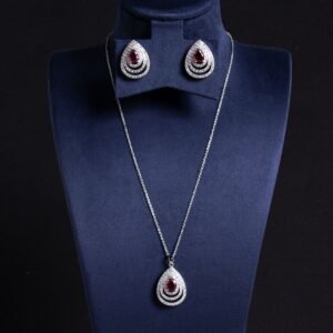 Niche layered teardrop jewelry set wholesale featuring a multi-layer hollow pave cubic zirconia teardrop pendant necklace with matching stud earrings from junejewelry.com