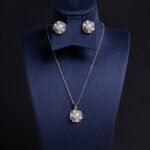 Niche textured pearl flower jewelry set wholesale featuring a lustrous central synthetic pearl nestled within textured, pave-set cubic zirconia flower petals with matching stud earrings from junejewelry.com