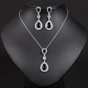 Niche double teardrop drop zircon jewelry set wholesale featuring a two-tier teardrop crystal pendant linked by marquise zircons with matching dangle earrings from junejewelry.com