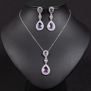 Niche double teardrop drop zircon jewelry set wholesale featuring a two-tier teardrop crystal pendant linked by marquise zircons with matching dangle earrings from junejewelry.com