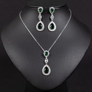 Niche double teardrop drop zircon jewelry set wholesale featuring a two-tier teardrop crystal pendant linked by marquise zircons with matching dangle earrings from junejewelry.com